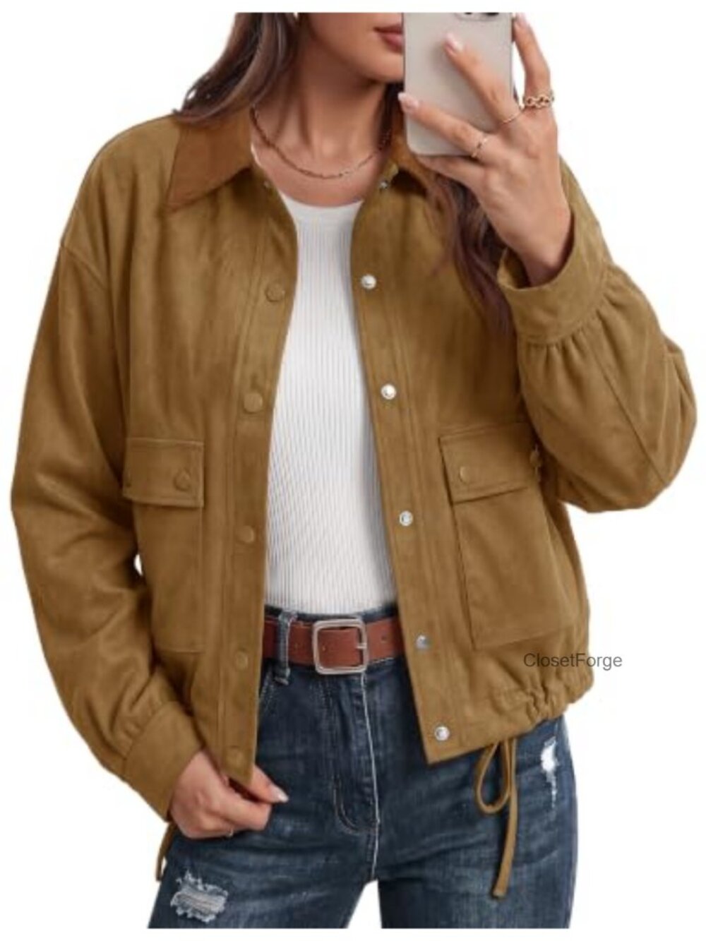 Womens Faux Suede Crop Jacket Button Down Utility Coat